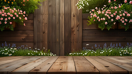 Soft focus old wooden floor with soft focus garden and flowers trees as background. Spring banner for text or product.