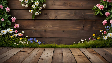Soft focus old wooden floor with soft focus garden and flowers trees as background. Spring banner for text or product.