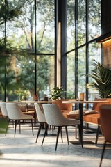 Obraz premium Cozy café interior with large windows and greenery outside