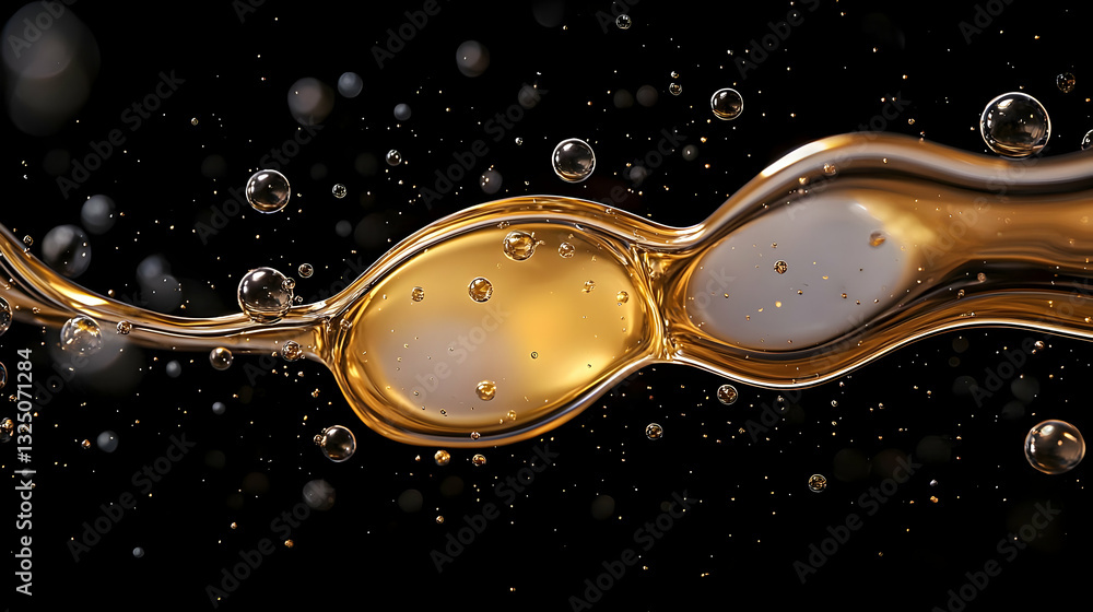 Poster abstract golden liquid splashing against black background with bubbles and droplets highlighting flu