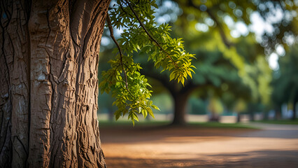 Soft focus of big tree on blurred background in park, leaving space.