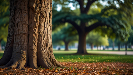 Soft focus on a large tree on a blurred background in a park, leaving some space.