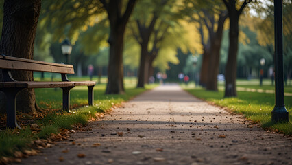 Walkway on blurred background in a park, leaving space
