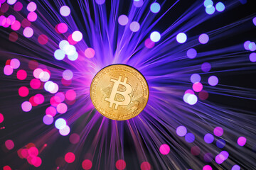 Bitcoin cryptocurrency with futuristic glowing fiber optics, symbolizing blockchain technology,...
