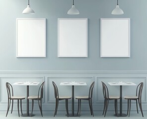 Three blank frames in a minimalist restaurant interior.