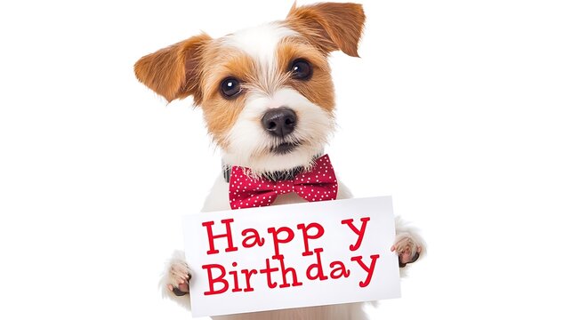 Adorable dog holding a sign wishing someone a happy birthday