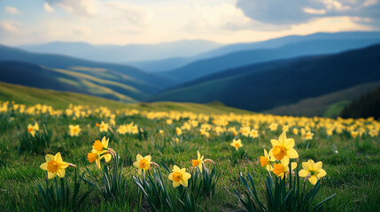 Obraz premium Beautiful hill valley during spring, yellow wild daffodils are growing in the grass. Gently hills in background, spring season. Background or mockup for easter or springtime.