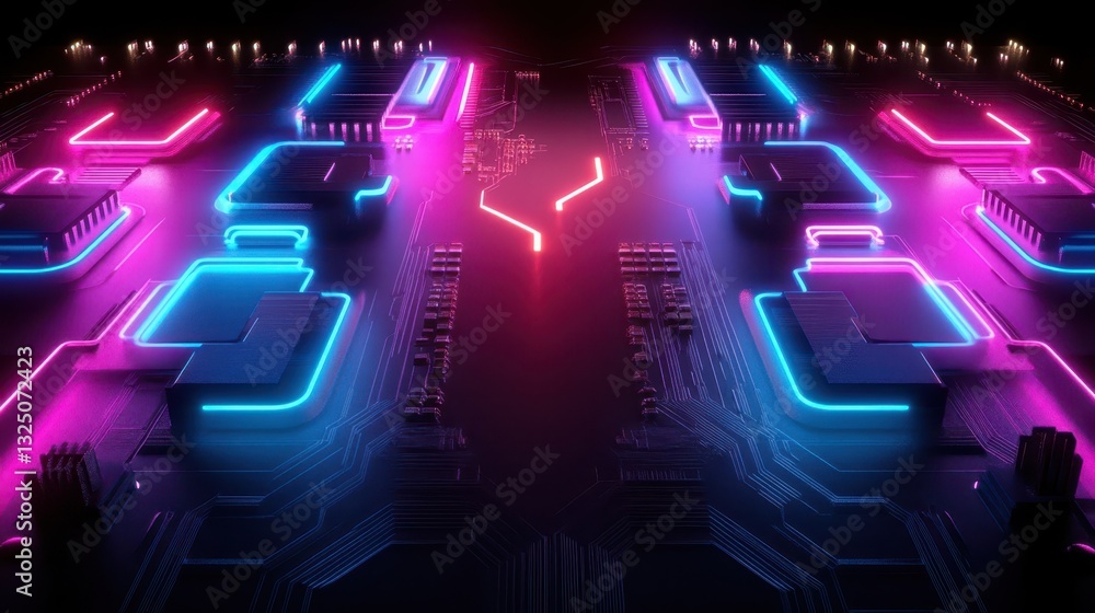 Aufkleber futuristic rendered computer circuit board with neon glowing elements