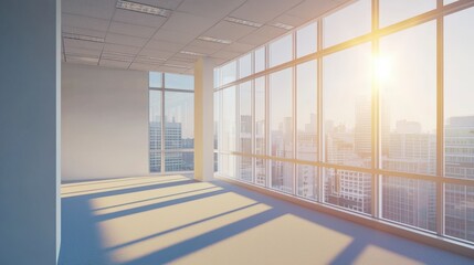 Fototapeta premium Empty office space with sunlit metropolitan view.