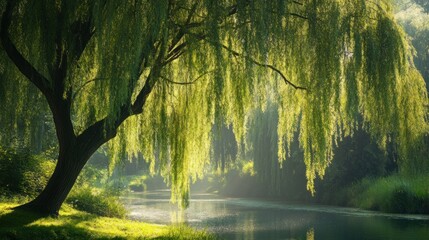 Lush willow tree embraces serene waters, sun-kissed branches reflecting in glassy surface