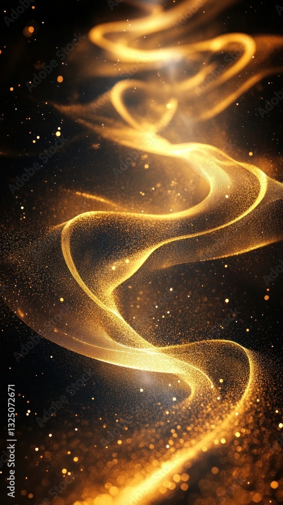 Poster golden swirling light patterns with sparkling particles in dark