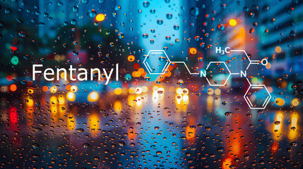 Fentanyl molecular structure on a car window with raindrops and city lights.
