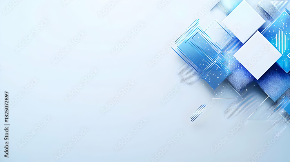Poster abstract 3d render of transparent blue and white squares with glowing lines on a light blue backgrou