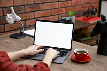 Woman working with laptop at table in office, closeup