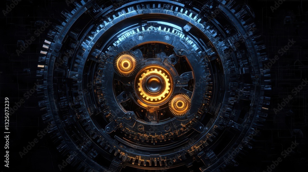 Poster a futuristic complex mechanical object with glowing gears in center