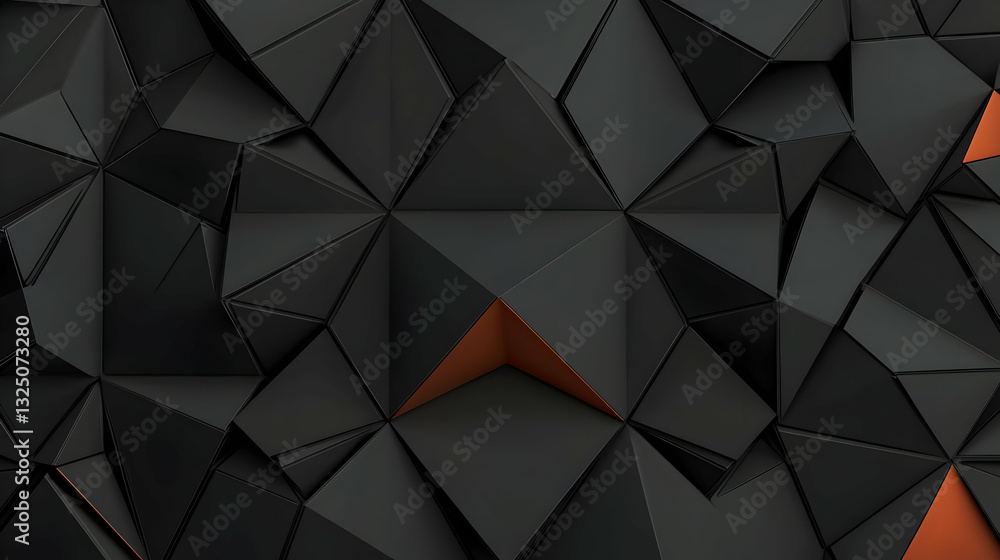 Poster dark geometric background with 3d triangles and orange highlights in abstract modern design