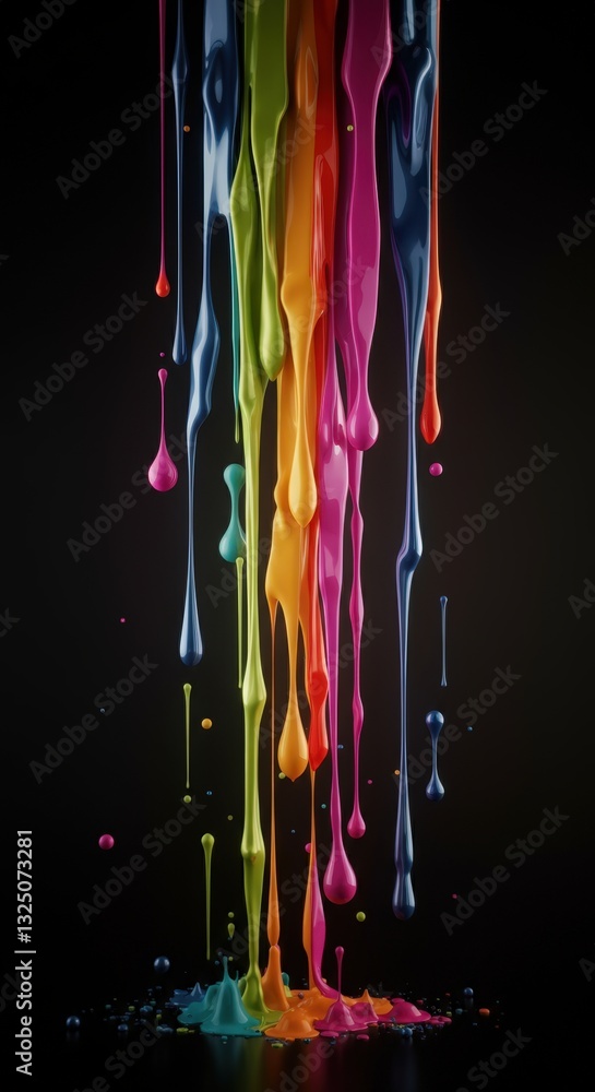 Poster vibrant multicolored paint dripping against a black background, creating a dynamic and artistic abst
