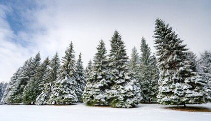 Fototapeta premium snow covered evergreen trees against white background in winter