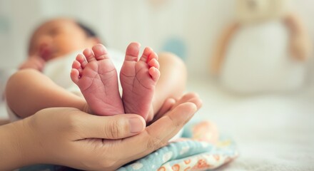 Naklejka premium Close-up of a newborn baby's feet gently cradled in an adult's hands, symbolizing love, care, and family bonding