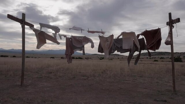 Old Western Clothes on a Clothes Line in Slow Motion