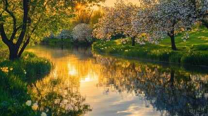 Tranquil riverside orchard with blossoming trees and light reflecting on water
