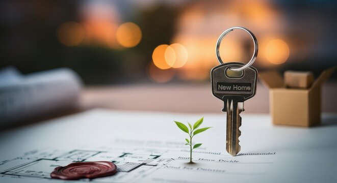 Close-up of a house key with New Home text on a keyring placed on architectural blueprints, small green plant sprouting nearby, symbolizing growth and new beginnings in real estate