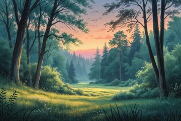 Obraz premium Tranquil Forest Glade at Dawn - Charming Pencil Drawing Background Scene