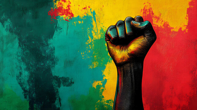 Black History Month background. Black power hand fist over red yellow green black colors background