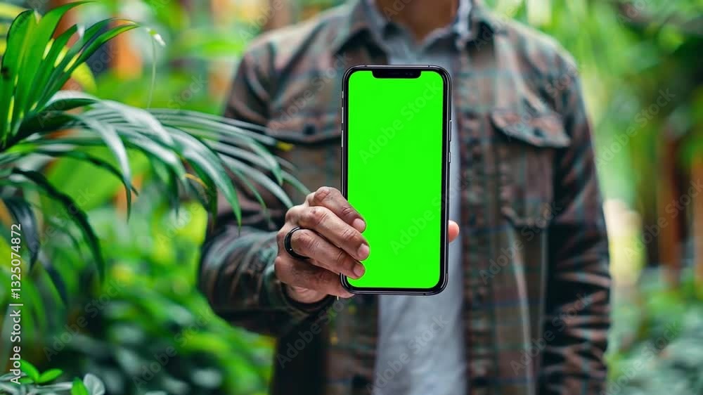 Leinwandbilder A person holds a smartphone displaying a blank green screen surrounded by lush plants in a bright indoor environment. This setting enhances the focus on the device.