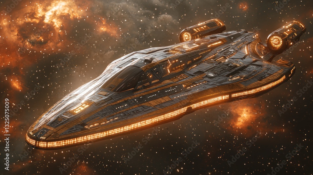 Poster a futuristic spaceship is traversing the starry expanse of space