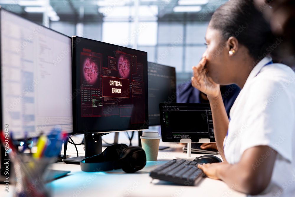 Poster anxious cybersecurity employee panicking while monitoring security incidents affecting server hub ne