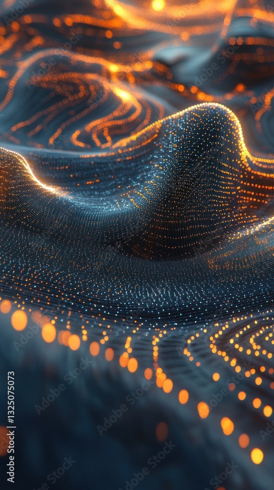 Poster abstract waves of glowing particles creating a dynamic landscape