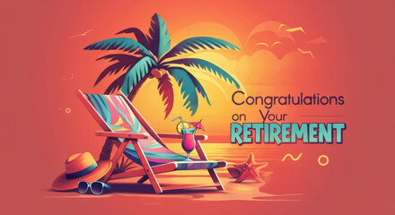 Tropical beach scene with a deck chair, palm tree, cocktail, and accessories, featuring the text Congratulations on Your Retirement in vibrant colors
