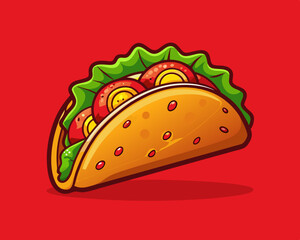 spicy taco filled with seasoned beef, cheese, and lettuce, on a deep red background.