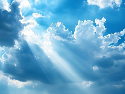 Heavenly rays of light pierce through dramatic clouds, creating a breathtaking celestial scene. A stunning display of nature's beauty. - Powered by Adobe