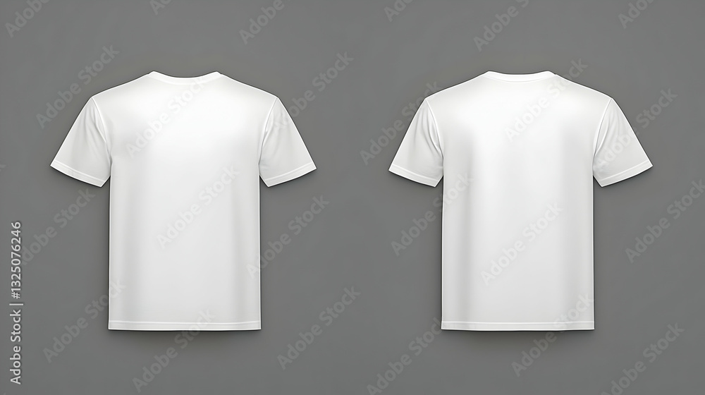 Poster front and back view of a classic white t-shirt against a neutral grey backdrop with subtle shadows f