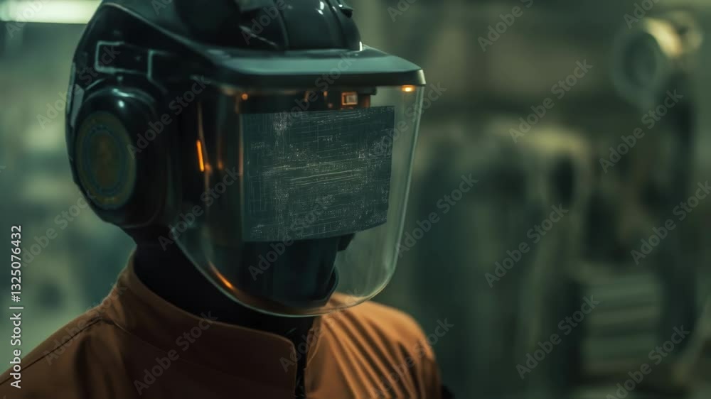 Poster engineer wearing a futuristic helmet with a head up display - hud - stands in a factory setting, sho