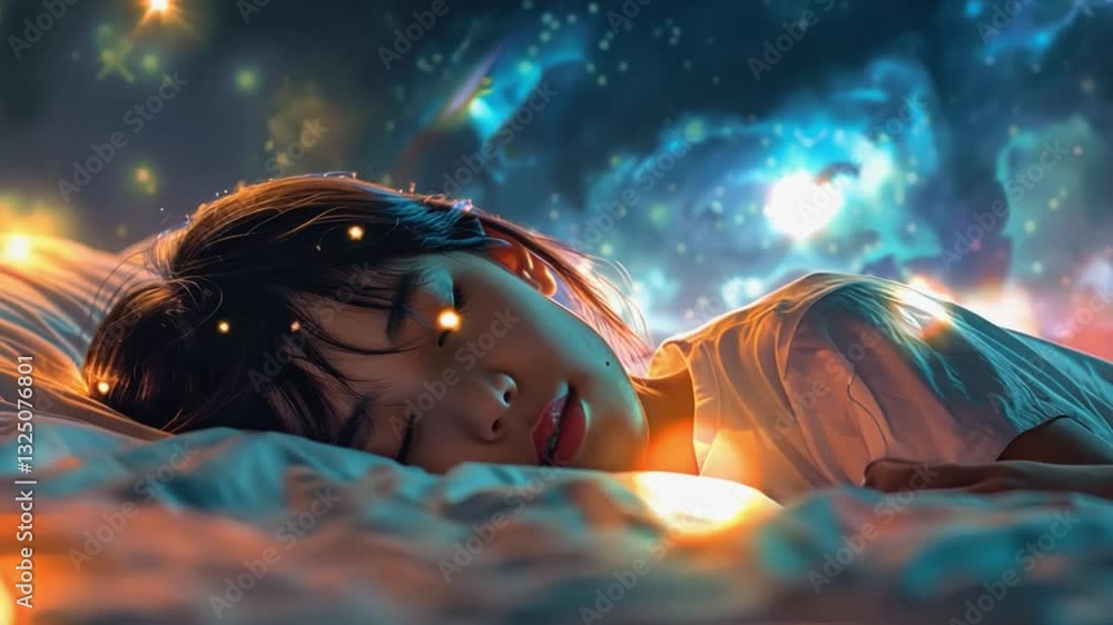Poster in a tranquil setting, this person sleeps peacefully as cosmic elements float by.