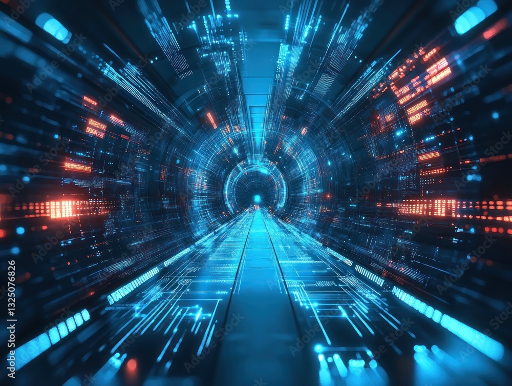 Poster futuristic tunnel with glowing lights and digital patterns