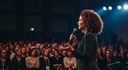 Speaker addresses a large illuminated audience.