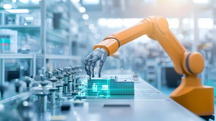 Orange And Gray Robotic Arm Using Artificial Intelligence In A Futuristic Factory Setting With Holographic Projections
