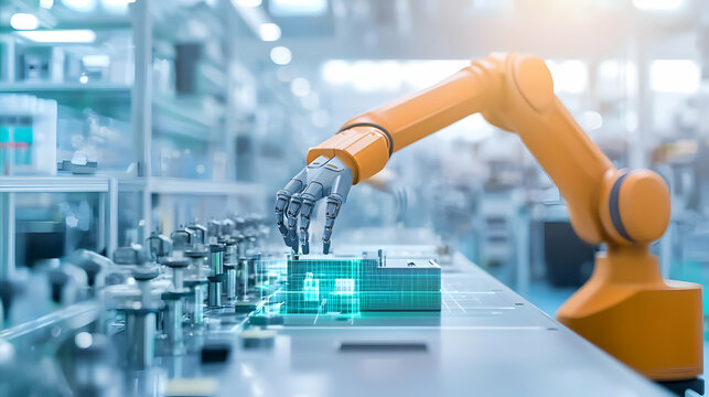 Orange And Gray Robotic Arm Using Artificial Intelligence In A Futuristic Factory Setting With Holographic Projections