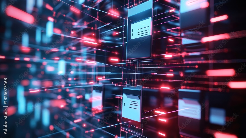 Poster futuristic digital network with glowing data blocks and lines