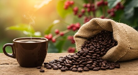 Hot coffee and roasted beans at sunrise.