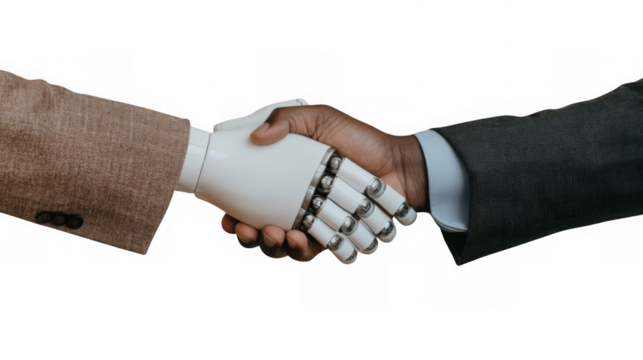 Robotic hand and human hand shaking in a symbolic gesture of collaboration and innovation in technology