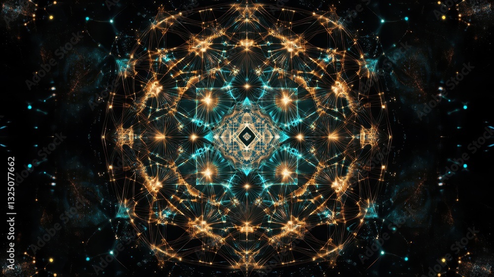 Poster symmetrical geometric pattern created with glowing lines and lights