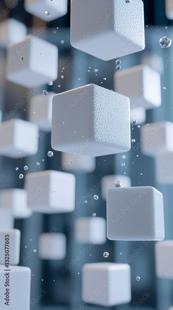Poster minimalistic white squares floating in layered formation, showcasing depth and soft ambient lighting