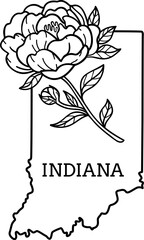 Map of Indiana State with peony flower. Vector illustration. Line art