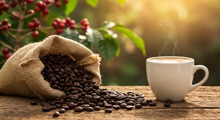 Cup of hot coffee at sunrise.

