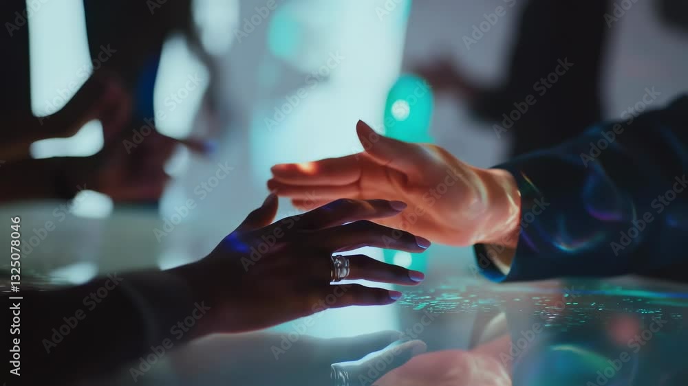 Aufkleber business colleagues are interacting with a futuristic, interactive touchscreen table, exploring data